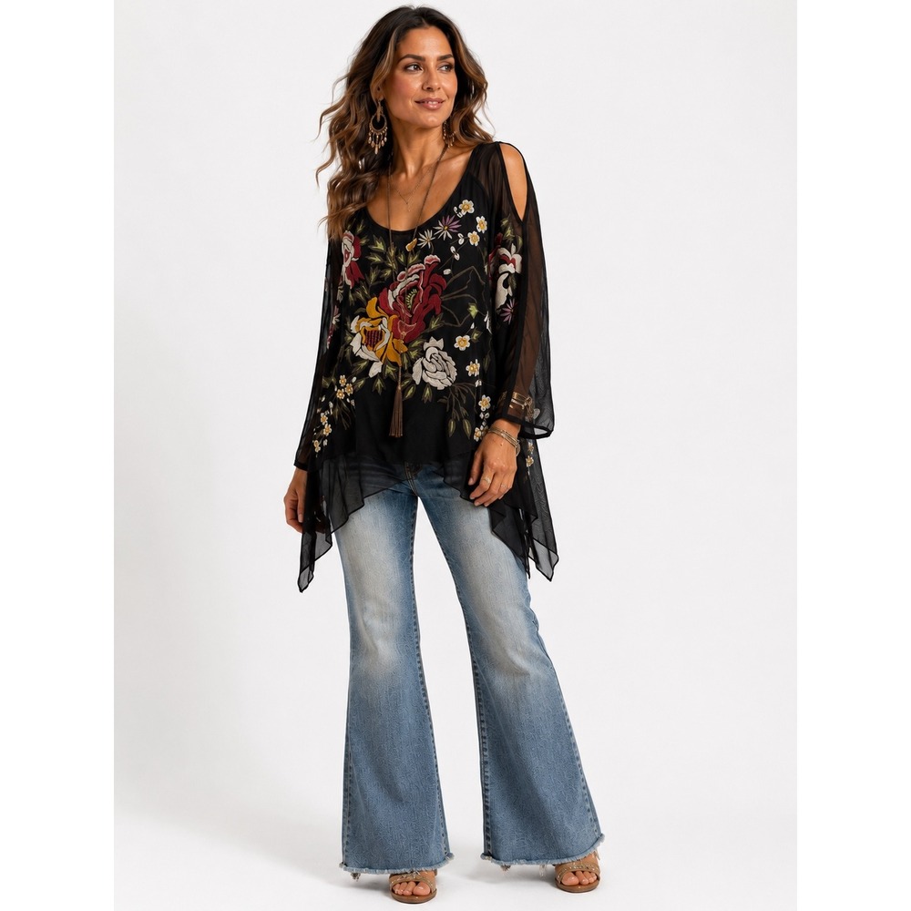Vintage‎ Collection Tunic Top Size S Black Floral Embroidered Cold Shoulder Boho